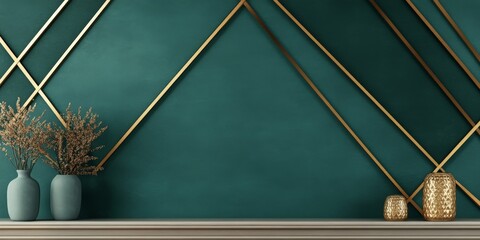 Poster - Teal Wall with Geometric Gold Lines and Minimalist Decor.