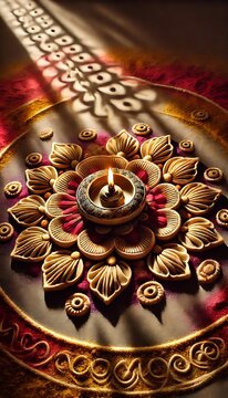 Diwali rangoli with multicolored background in neon realism style, celebrating indian festival and culture, vibrant decoration, festive design, diwali decor, colorful art. Realism. Illustration