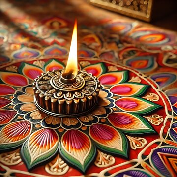Diwali rangoli with multicolored background in neon realism style, celebrating indian festival and culture, vibrant decoration, festive design, diwali decor, colorful art. Realism. Illustration