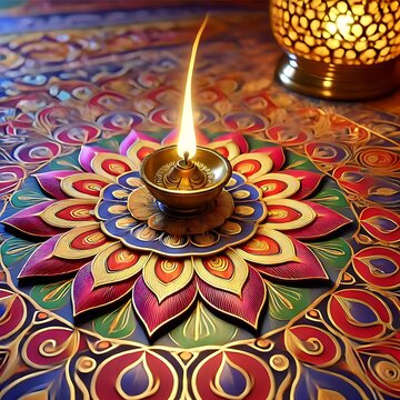 Diwali rangoli with multicolored background in neon realism style, celebrating indian festival and culture, vibrant decoration, festive design, diwali decor, colorful art. Realism. Illustration
