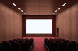 © Who is Danny - Modern red carpet wooden cinema hall with empty white mock up place on screen. 3D Rendering.