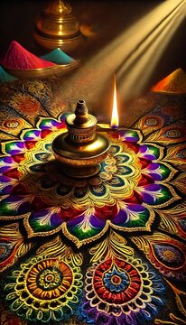 Diwali rangoli with multicolored background in neon realism style, celebrating indian festival and culture, vibrant decoration, festive design, diwali decor, colorful art. Realism. Illustration
