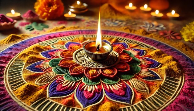 Diwali rangoli with multicolored background in neon realism style, celebrating indian festival and culture, vibrant decoration, festive design, diwali decor, colorful art. Realism. Illustration