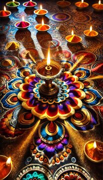 Diwali rangoli with multicolored background in neon realism style, celebrating indian festival and culture, vibrant decoration, festive design, diwali decor, colorful art. Realism. Illustration