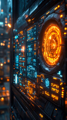 Poster - futuristic neobank interface with holographic digital banking displays in minimalistic setting