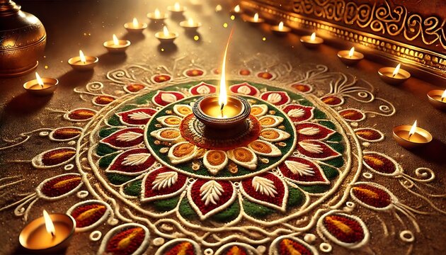 Diwali rangoli with multicolored background in neon realism style, celebrating indian festival and culture, vibrant decoration, festive design, diwali decor, colorful art. Realism. Illustration