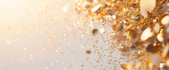 Poster - stunning display of golden glitter and confetti, creating festive atmosphere perfect for celebrations and special occasions. shimmering particles catch light beautifully, enhancing joyful mood