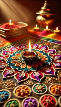 Diwali rangoli with multicolored background in neon realism style, celebrating indian festival and culture, vibrant decoration, festive design, diwali decor, colorful art. Realism. Illustration