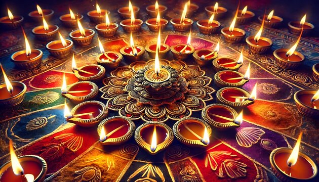 Diwali rangoli with multicolored background in neon realism style, celebrating indian festival and culture, vibrant decoration, festive design, diwali decor, colorful art. Realism. Illustration