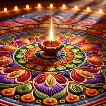 Diwali rangoli with multicolored background in neon realism style, celebrating indian festival and culture, vibrant decoration, festive design, diwali decor, colorful art. Realism. Illustration