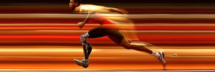 Poster - An athlete strides confidently on a track, demonstrating speed and strength while using a prosthetic leg under the summer sun. Generative AI