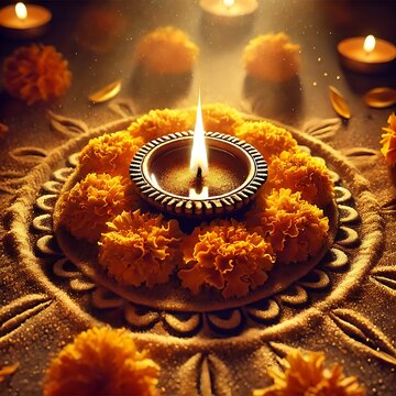 Diwali rangoli with multicolored background in neon realism style, celebrating indian festival and culture, vibrant decoration, festive design, diwali decor, colorful art. Realism. Illustration