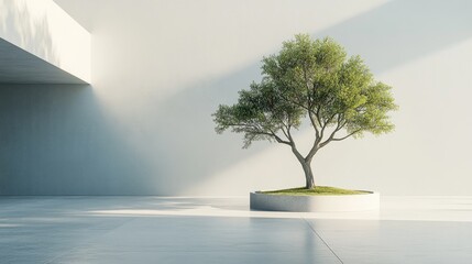 Wall Mural - A single, leafy tree stands in a minimalist, white room, bathed in sunlight.