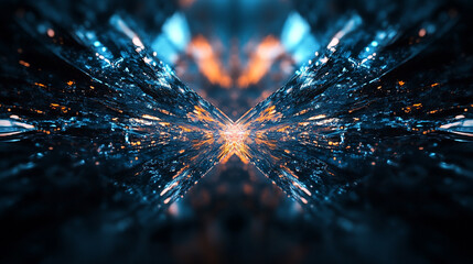 Poster - Dynamic abstract design featuring vibrant blue and orange light reflections in a symmetrical pattern