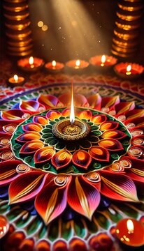 Diwali rangoli with multicolored background in neon realism style, celebrating indian festival and culture, vibrant decoration, festive design, diwali decor, colorful art. Realism. Illustration