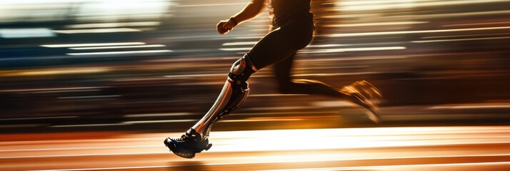 Poster - An athlete runs swiftly on a track, showcasing their prosthetic leg as they compete, surrounded by cheering crowds and bright sunshine. Generative AI