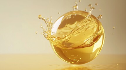 Poster - a golden liquid splash captured mid-air in a dynamic, circular motion against a soft, neutral backgr
