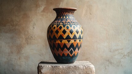 Wall Mural - A hand-painted ceramic vase with a geometric pattern sits on a stone base against a textured beige wall.