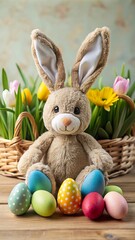 Wall Mural - Festive plush bunny surrounded by colorful Easter eggs and spring flowers, perfect for holiday celebrations