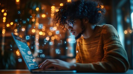 Aufkleber - Young african american software developer working at night on a laptop with augmented reality social media and app icons