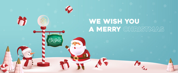 Wall Mural - merry christmas and happy new year greeting card with cute funny santa claus and cute snowman standi