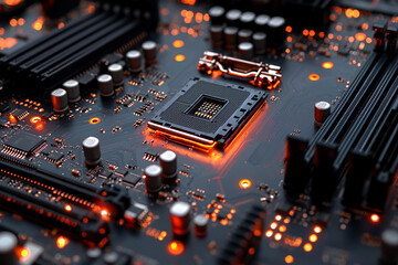 Fototapete - Close-up view of illuminated circuit board with processor at night