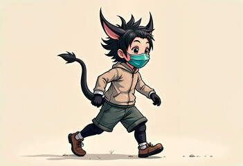 Cute fantasy masked character strolling in casual attire