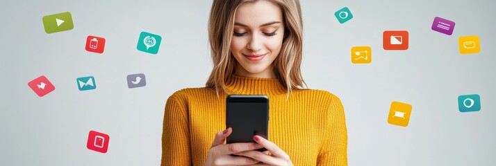 Aufkleber - Young woman in yellow sweater smiles, using smartphone with social media icons, representing mobile app and online communication