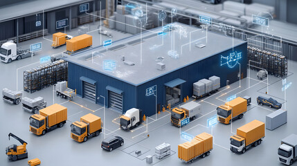 Poster - A digital warehouse scene showing trucks, containers, and a storage facility, illustrating modern logistics and supply chain management.