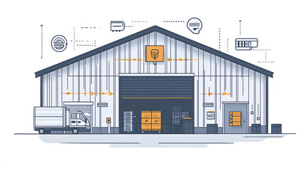 A modern warehouse illustration featuring a large loading dock, storage areas, and various logistical icons highlighting efficiency and functionality.