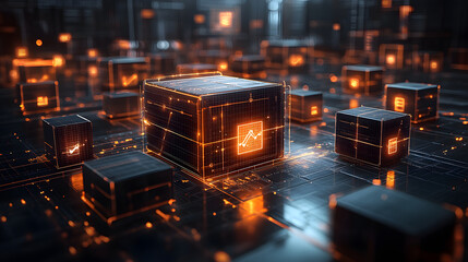 Aufkleber - A visually striking digital landscape featuring glowing cubes interconnected by intricate circuitry, symbolizing advanced technology and data processing.