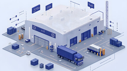 Poster - A modern warehouse scene featuring a loading dock, trucks, and shipping containers, rendered in a clean, digital style with a blue color palette.