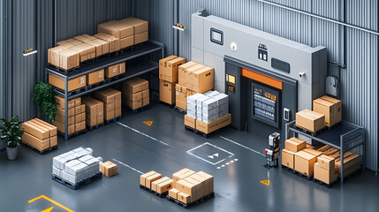 Poster - A modern warehouse scene filled with neatly stacked boxes, storage racks, and an entrance, creating an organized logistics environment.