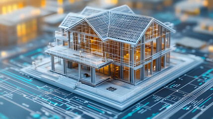 Poster - A modern architectural design featuring a detailed house model on a digital blueprint, representing innovation in building and design technology.