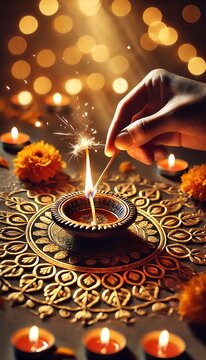Diwali rangoli with multicolored background in neon realism style, celebrating indian festival and culture, vibrant decoration, festive design, diwali decor, colorful art. Realism. Illustration