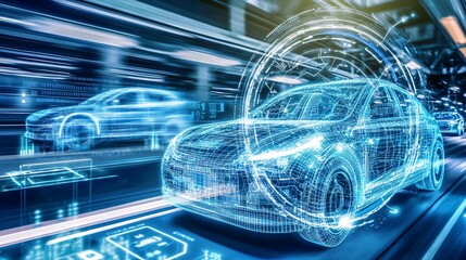 Poster - Explore the future of transportation with a fleet of self-driving cars navigating neon-lit urban environments