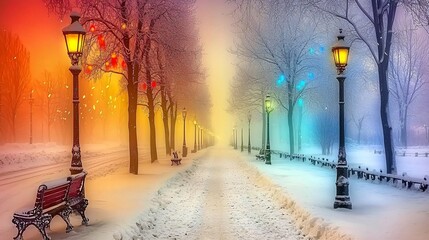Poster - Explore the enchanting beauty of a snow-covered winter wonderland with colorful bioluminescent trees and magical street lights