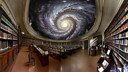 Poster - Explore the enchanting design of a spiral galaxy library with multi-level book collections