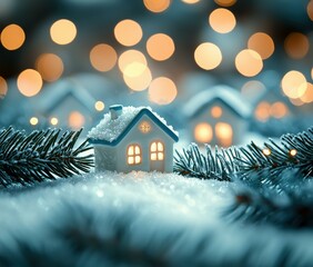 Wall Mural - A miniature house with glowing windows sits in the snow with a pine branch in the foreground. AI.