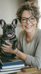 Poster - A woman smiles while holding a small dog. AI.