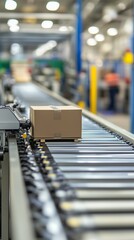 Poster - a cardboard box moves along a conveyor belt in a busy distribution center during the day