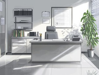 Poster - Clean and minimalist illustration showcasing a modern office desk setup with natural light and organization