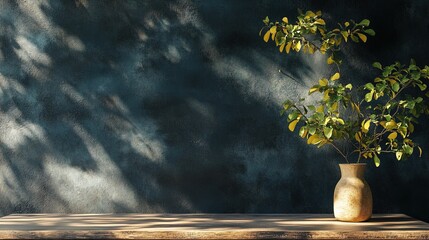 Wall Mural - Empty table against black textured wall background, with leave shadow and vase of plant