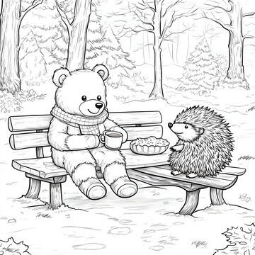 Coloring page for kids: a teddy bear and a hedgehog sitting on a bench in a winter forest, enjoying hot tea