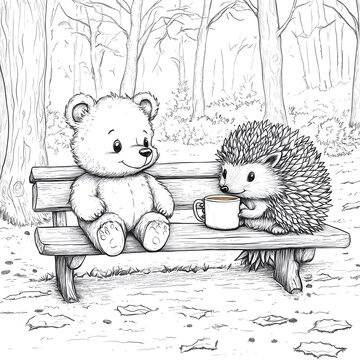 Coloring page for kids: a teddy bear and a hedgehog sitting on a bench in a winter forest, enjoying hot tea