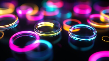 Poster - vibrant glowing rings illuminated in various colors on a dark surface, showcasing a mesmerizing disp
