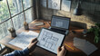 © dK - First-person view of an architectural plan on tablet and paper