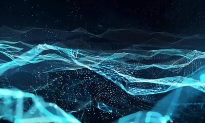 Aufkleber - Digital futuristic 4K animation with a dark, geometric network of glowing blue points and lines. Abstract tech design symbolizes data flow and AI connectivity.