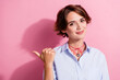 © deagreez - Photo of lovely positive girl indicate thumb finger empty space novelty isolated on pink color background