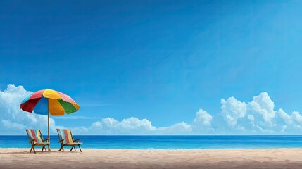 Wall Mural - beach scene with colorful umbrella and chairs under a clear blue sky.